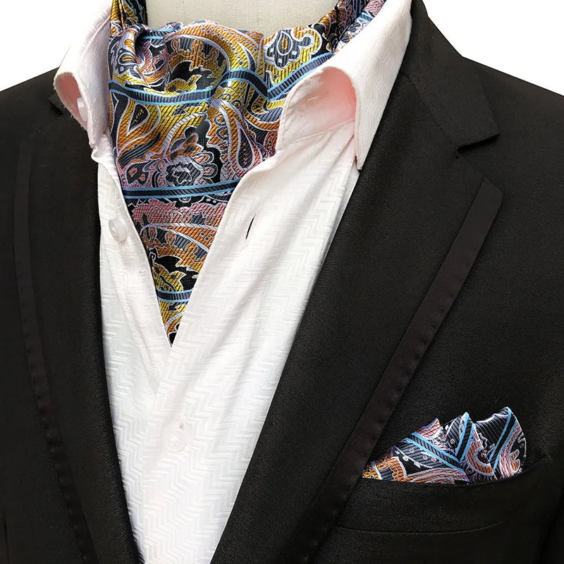 Glamour Men's Scarf Retro Jacquard Tie Cravat Neckerchief Men's Ascot Tie Hanky Suits Set Pocket Handkerchief Men Gift