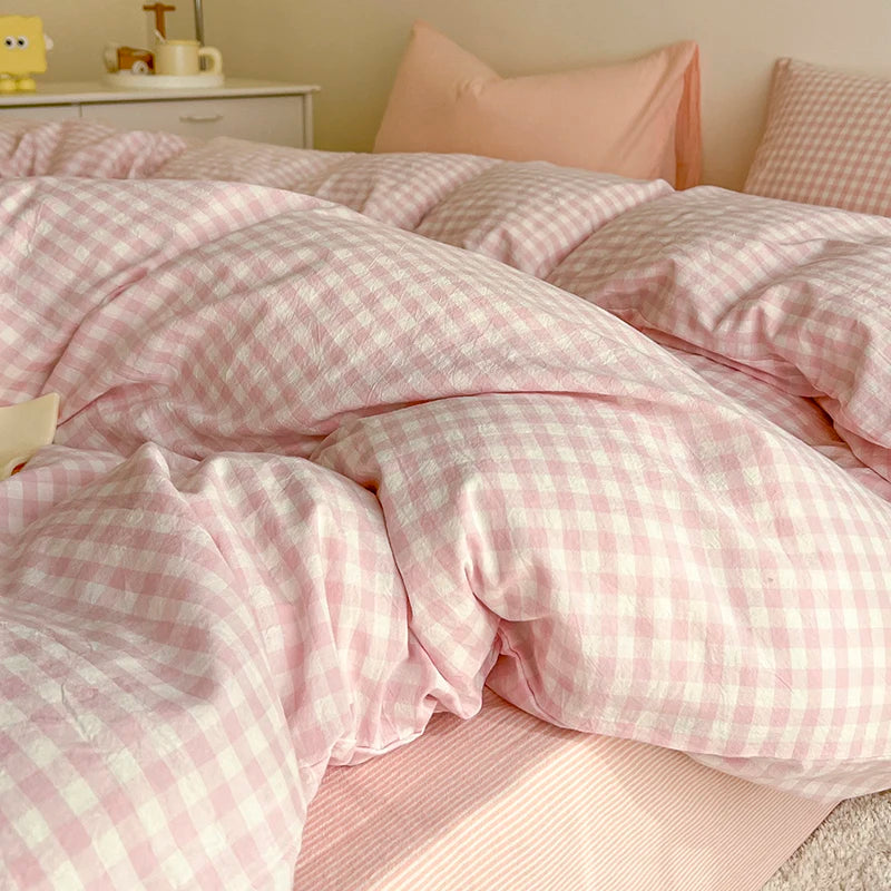 Simple Pink Stripe Bedding Set Washed Cotton Bed Flat Sheet Pillowcase Full Queen Bed Linen Adult Kids Duvet Cover Set No Filler