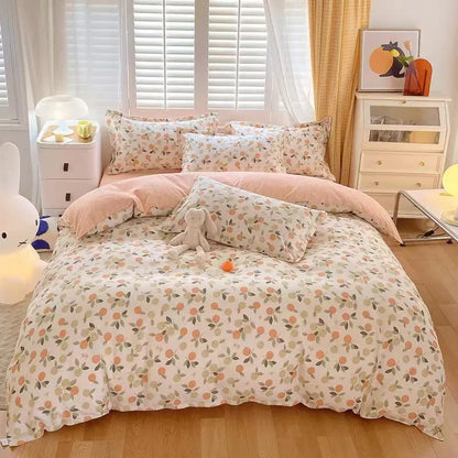 Cute Pink Strawberry Duvet Cover Flat Sheet Pillowcase Floral Bedding Set Girls Bed Linen Soft Thick Washed Cotton Bedclothes