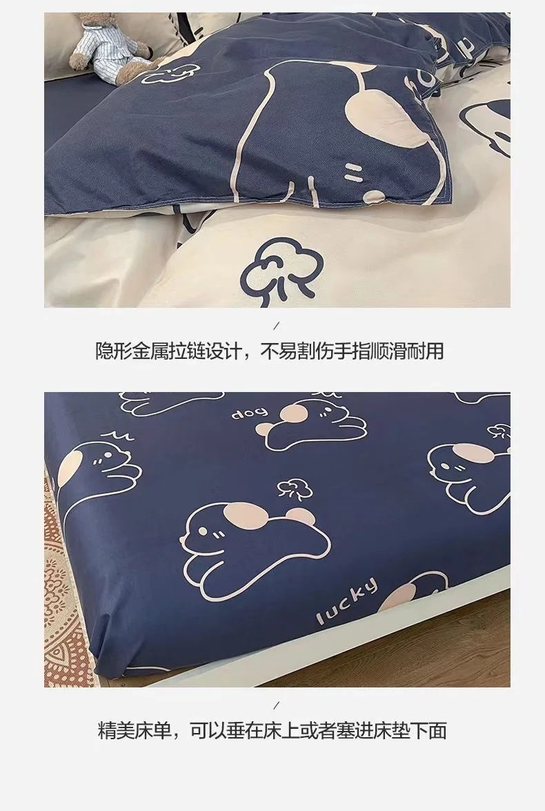 Luxury Gradient Blue Bedding Set Cartoon Duvet Cover Set Soft Queen Twin Full Size Grid Flat Bed Sheet Quilt Cover Pillowcase