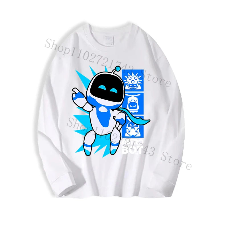 Astro Bot Adult Long Sleeved T-shirt Anime Fashion Black White Top Men Women Winter Travel Hip Hop Clothing Versatile Undershirt