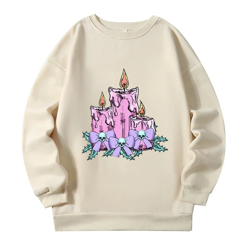 Pink XL-4xl Plus Size Female Sweatshirt Trendy Skull Candle Big Size Sweatshirt Autumn Spring New 2024 Woman Clothing