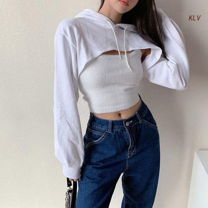 Womens Long Sleeve Cropped Hoodies Sweatshirt Aesthetic Punk Hip-Hop Dance Plain Sexy Rave Cutout Loose Super Crop Top