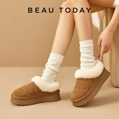 BEAUTODAY Furry Slippers Women Cow Suede Round Toe Winter Warm Plush Slip-on Ladies Concise Flats Shoes Handmade 22818