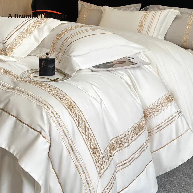 100% Egyptian Cotton Luxury Gold Embroidery Hotel Style Bedding White Grey Duvet Cover Set Fitted Sheet Bed Sheet Pillowcases