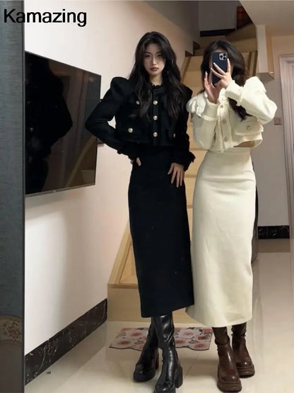 Korean Fashion Elegant Two-piece Skirt Sets Women Crop Jacket Coat Bodycon Midi Skirt Autumn Winter New Female Luxury Outfits