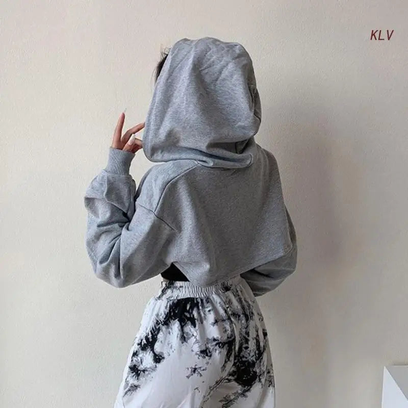 Womens Long Sleeve Cropped Hoodies Sweatshirt Aesthetic Punk Hip-Hop Dance Plain Sexy Rave Cutout Loose Super Crop Top