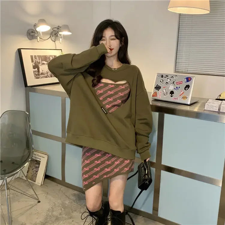 Women Clothing 2022 Spring Autumn Women Fashionable Heart Hollow Out Long Sleeve Hoodie Dress Casual Sweet Women Two Piece Set