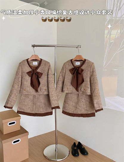 2023 autumn winter Vintage Tweed Two Piece Set Women Short Jacket Coat + Skirt Suits Korean 2 Piece Sets Women Outfit clothing