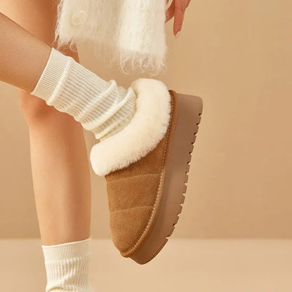 BEAUTODAY Furry Slippers Women Cow Suede Round Toe Winter Warm Plush Slip-on Ladies Concise Flats Shoes Handmade 22818