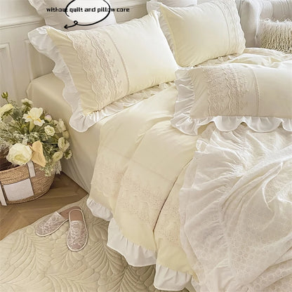 3pcs Princess style pillowcase set, duvet cover set with pillowcases, Lace bedding set, king and double, beige