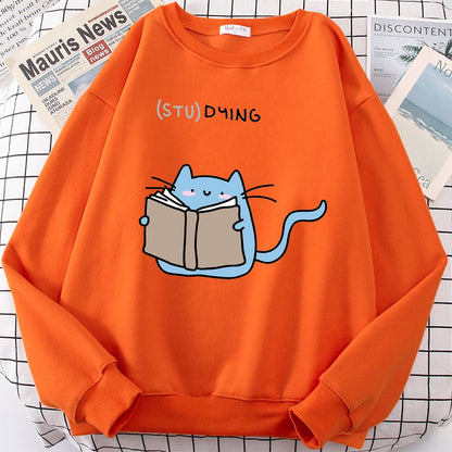 Females Sweatshirts Love Studing Cute Cat Printed Tops Womens Korean Fashion Oversize Sweater Kawaii Animal 2022 New Lady Hoodie