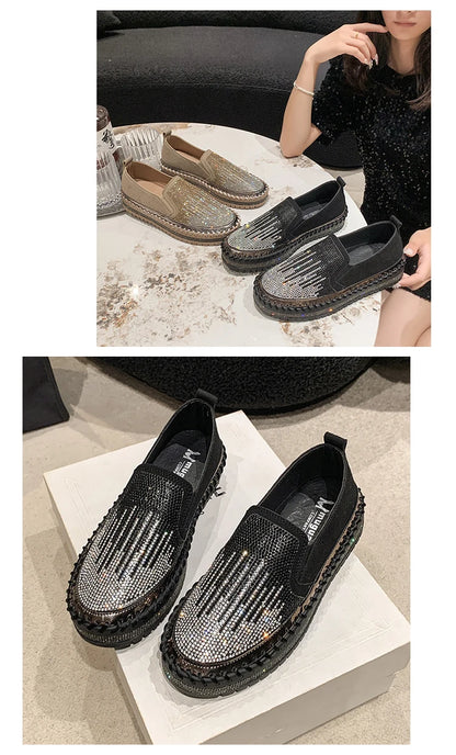 2025 New High Quality Women's Water Diamond Casual Shoes Shiny Flat Vulcanized Shoes Luxury Designer Thick Bottom Casual Shoes