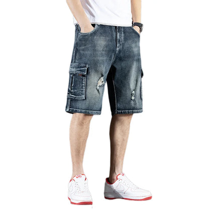 Summer New Jeans Men's Trendy Brand Piercing 5 Shorts Men's Loose Multi Pocket Work Pants Men's Outdoor Clothing