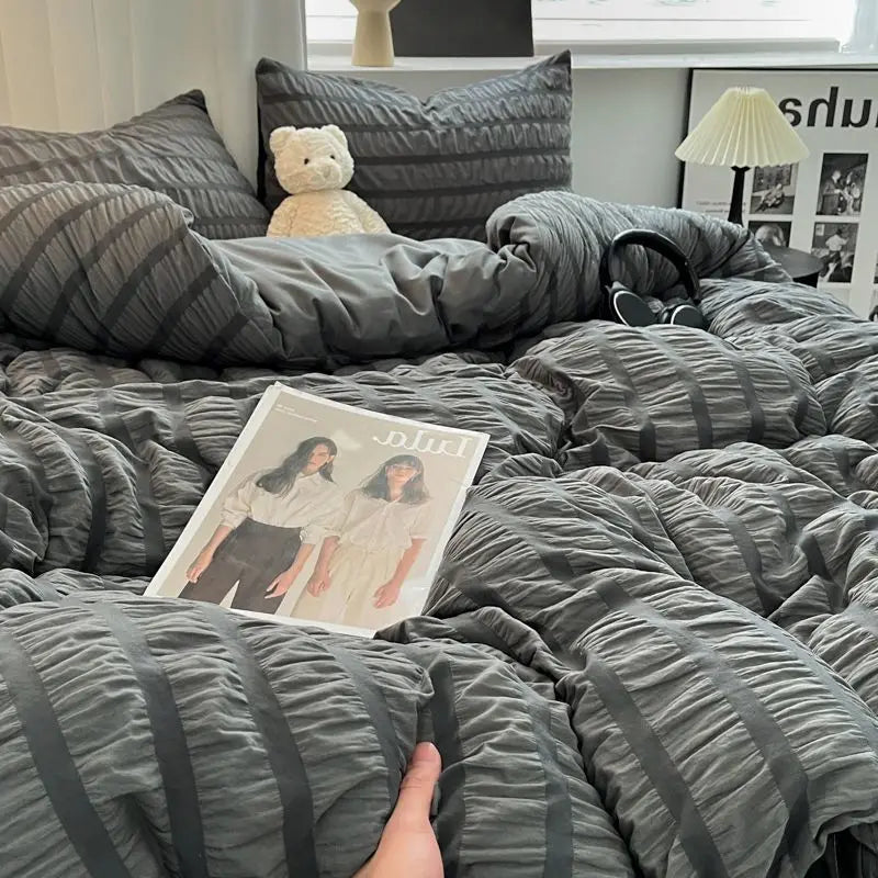 Luxury White Ruffled Seersucker Duvet Cover Soft Solid Color Bedding Set With Bed Sheet Pillowcases Single Queen King Size