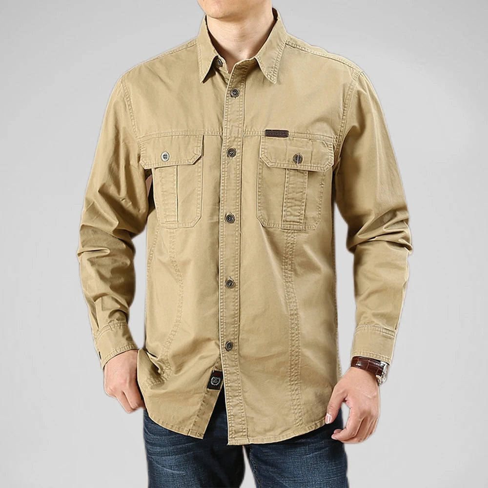 100% Cotton Men's Shirt Solid Color Multi-Pocket High Quality Cargo Shirts Fashion Outdoor Casual Long Sleeve Shirts For Men New