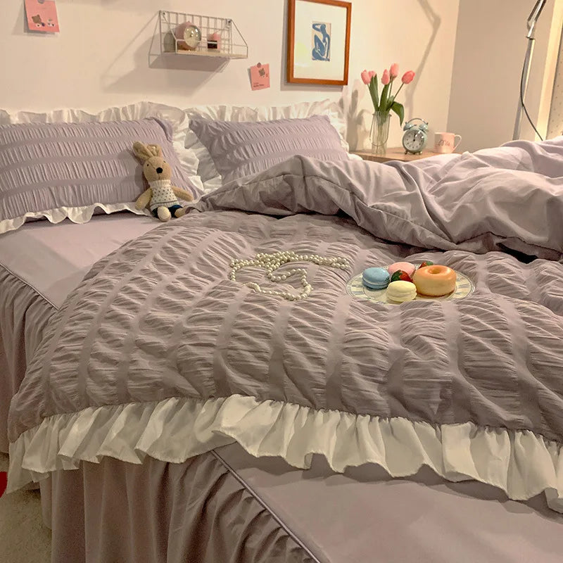 Pink Ruffled Seersucker Duvet Cover Set 3/4pcs Soft Lightweight Down Alternative Grey Bedding Set with Bed Skirt and Pillowcases