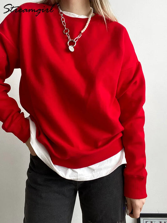 Autumn Oversized Sweatshirts Women Cotton Loose Pullovers Red Round Neck Sweatshirt For Women Oversize Tops For Couples 2024