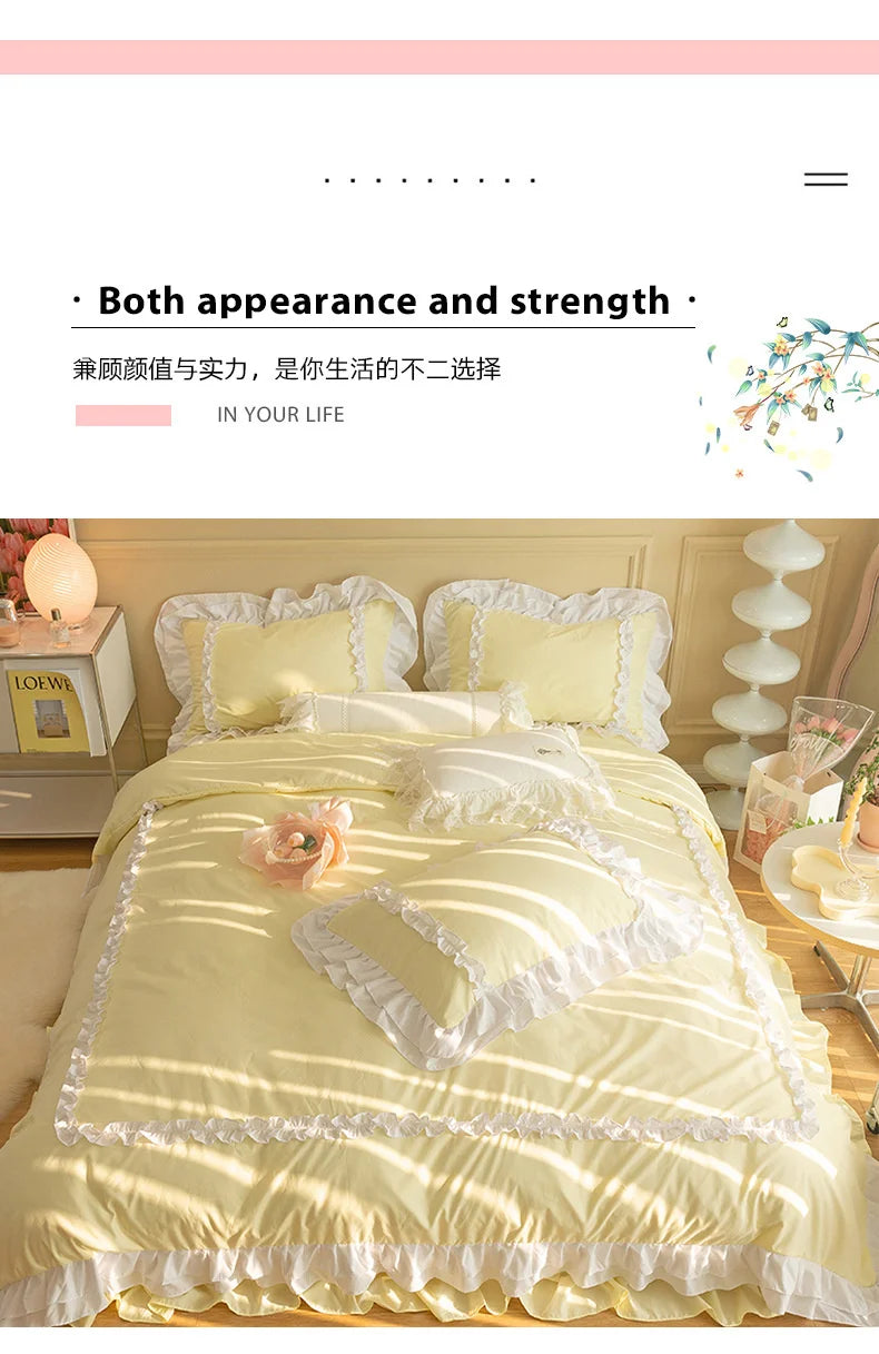 Korean Ins Bedding Set, Luxury Quilt Cover, Pillowcase Flat Bed Sheets, Simple Girl Princess Ruffle Home Textiles