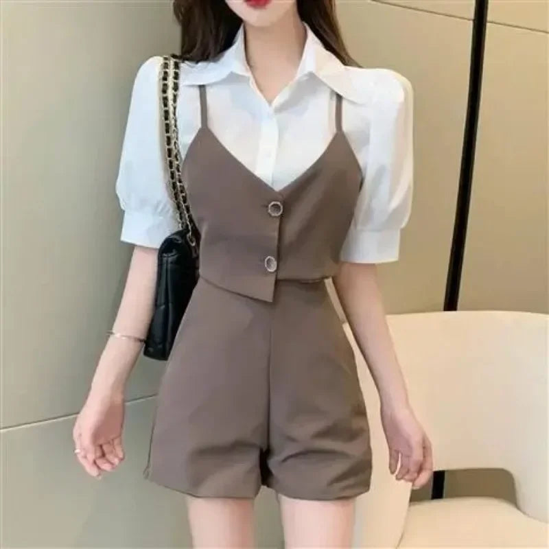 New Women's Short Sets 2 Pieces Top and Bottom Sleeve Full Chic Elegant Matching Products Features Novelty In Kit Female Shorts