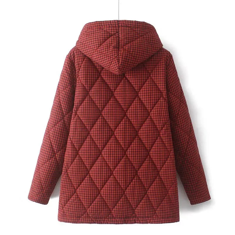 Plus Size Women's Clothing Winter Coat Thick Warm Cotton Jacket With Small Plaid Pattern Single Breasted Hooded Cotton Coat