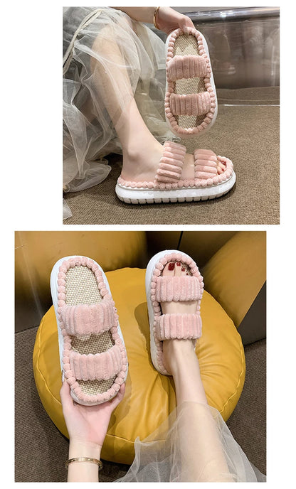 2023 Winter Solid Linen Slippers 36-45size Women Home Slippers Household Cotton Non Slip Thick Mute Shoes Couple Indoor Slipper