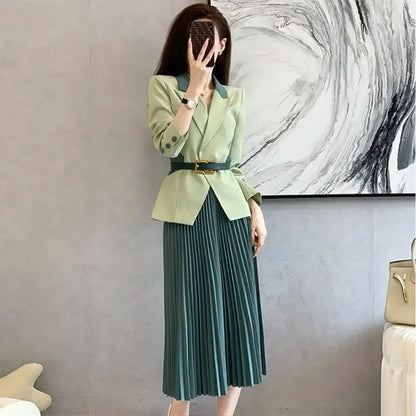 Pleated Skirt 2 Pieces Sets for Women Office Woman Outfit Midi Suits Jacket Y2k Streetwear Summer Clothes 2024 Stylish Korea