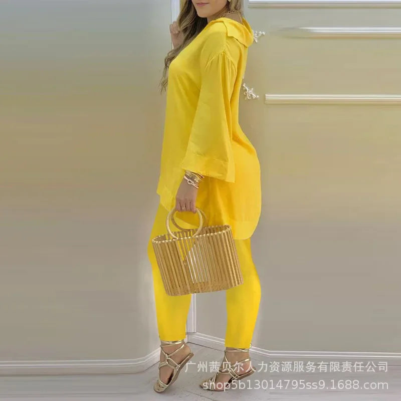 Women New 2pcs Clothes Set Long Sleeve V Neck Blouse Top High Waist Solid Color Shorts Pants Clothing Suit