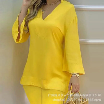 Women New 2pcs Clothes Set Long Sleeve V Neck Blouse Top High Waist Solid Color Shorts Pants Clothing Suit