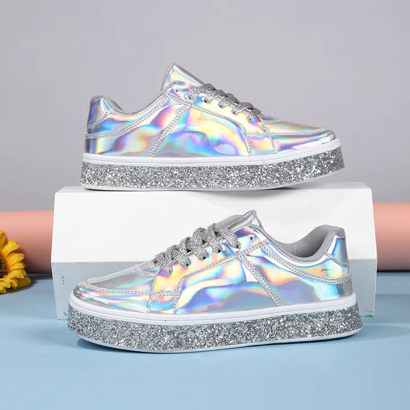 Women's Platform Sneakers Punk Sequin Laser Leather Casual Shoes City Walk Thick Sole Sports Shoes Spangle Nightclub Party Shoes