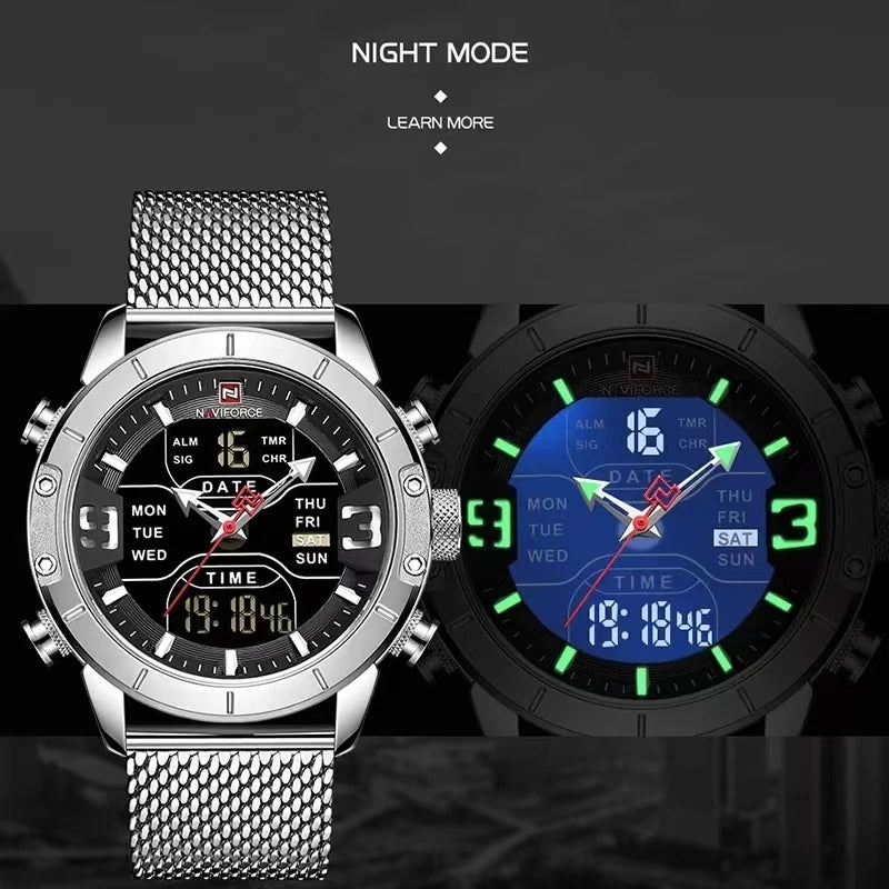 NAVIFORCE Dual Display Quartz Watch For Men Luxury Fashion Popular Waterproof Timing Network Steel Strip Mens Watch Reloj Hombre