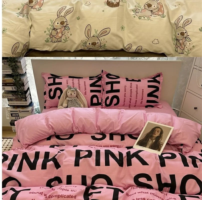 Fashion Style Pink Black Bedding Set Soft Floral Duvet Cover Pillowcase Bed Flat Sheet Set for Girl Full Queen Twin Bed Linen