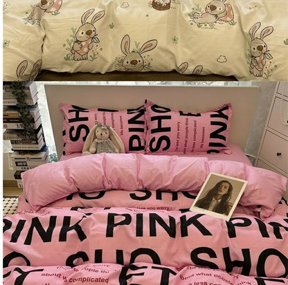 Fashion Style Pink Black Bedding Set Soft Floral Duvet Cover Pillowcase Bed Flat Sheet Set for Girl Full Queen Twin Bed Linen