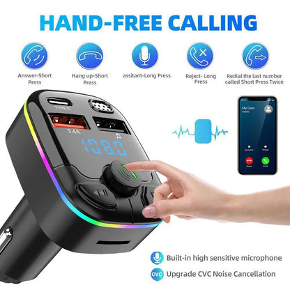 Bluetooth 5.0 Car FM Transmitter PD Type-C Dual USB Charger With Ambient Light Wireless Handsfree MP3 Player QC3.0 Type-C PD 18W