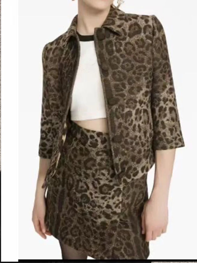 Retro autumn women's new two-piece leopard print lapel long sleeve single-breasted short coat+high waist mini skirt fashion suit