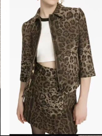 Retro autumn women's new two-piece leopard print lapel long sleeve single-breasted short coat+high waist mini skirt fashion suit