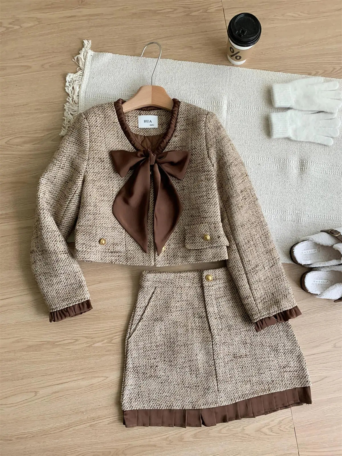 2023 autumn winter Vintage Tweed Two Piece Set Women Short Jacket Coat + Skirt Suits Korean 2 Piece Sets Women Outfit clothing