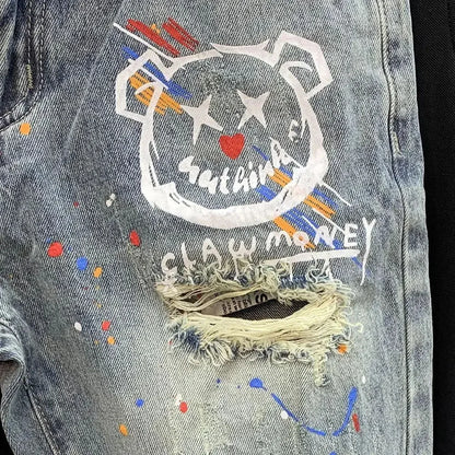 Mens Casual Y2k Cute Bear Print Ripped Denim Shorts Daily Versatile Youth Trend Personality Shorts Men's Clothing 2024 New