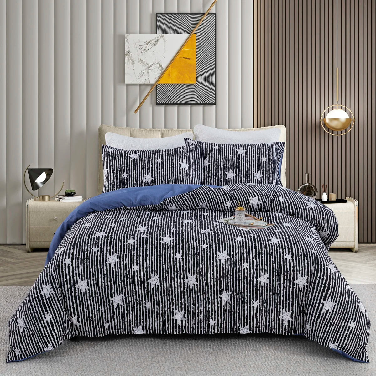 Night Starry Sky Bedding Set Galaxy Moon and Star Duvet Cover Blue Gradient Color Comforter Cover Soft Reversible Quilt Cover