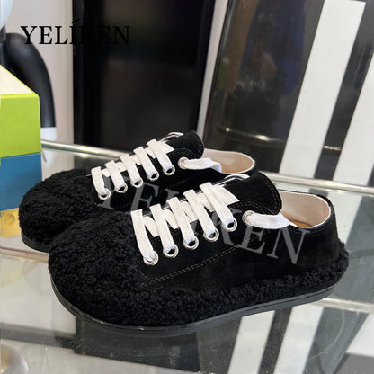 Autumn Winter Women Furry Single Shoes Retro Driving Shoes Sheep curled wool canvas Lace up Flat Shoes Girls Casual Walking Shoe