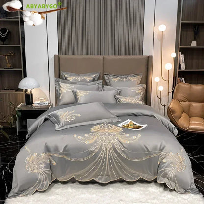 Nordic Bedding Set Luxury Gold Feather Embroidery 100 Egyptian Cotton Double Duvet Cover Bed Sheets and Pillowcases Bed Set