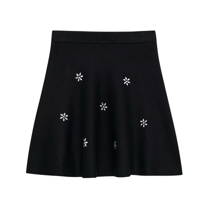 2024 RARA Autumn/Winter New Product: Nail Punch Flower Decoration Round Neck Short Sleeve Knitted Top Half Skirt Set