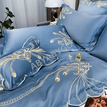 Nordic Bedding Set Luxury Gold Feather Embroidery 100 Egyptian Cotton Double Duvet Cover Bed Sheets and Pillowcases Bed Set