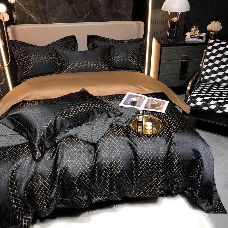 4/6Pcs Luxury Black Gold Yarndyed Jacquard Egyptian Cotton Smooth Duvet Cover Cal King Bedding Set Flat/Fitted Sheet Pillowcases