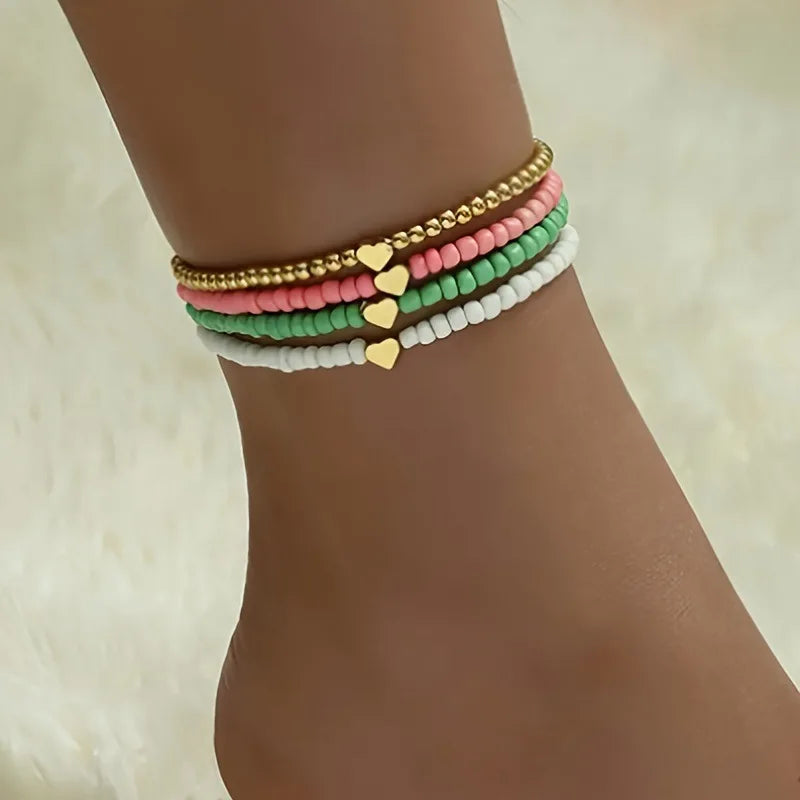 4pcs/set Boho Multilayer Beads Heart Chain Anklet Bracelet Charm Anklet Sandals Barefoot Beach Foot Bridal  Jewelry J043