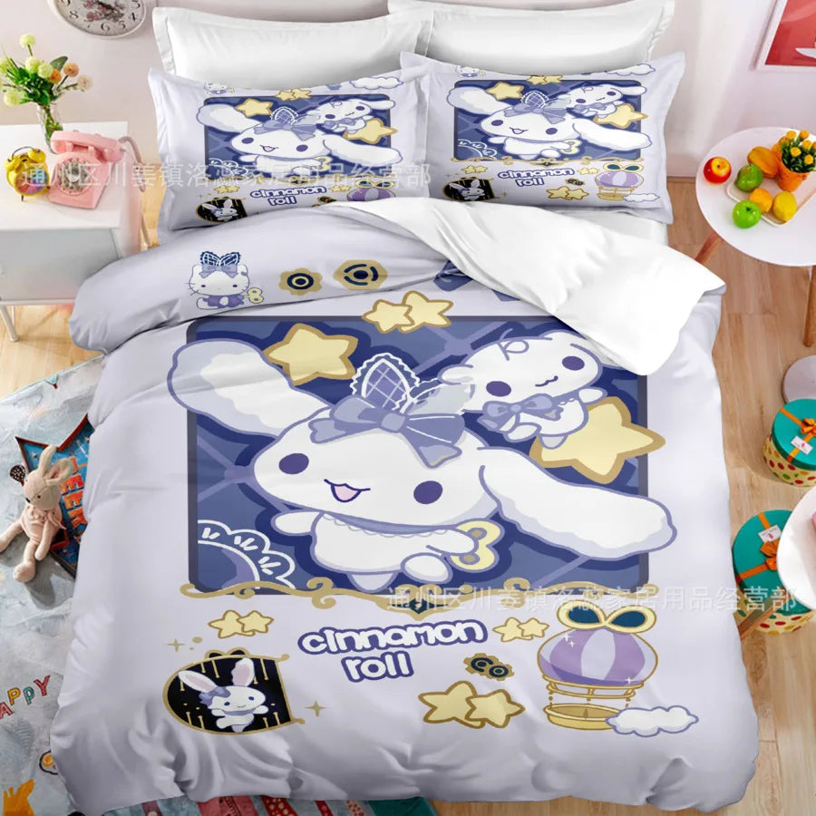 Cartoon Sanrio Duvet Cover Set Kawaii Cinnamoroll Quilt Cover Pillowcase Set Kids Girls Comfortable Bed Set Full Twin King Size