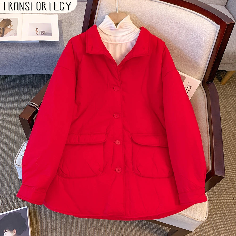 Plus size women's winter casual padded coat loose comfortable warm red coat 2024 new women's clothing large size top 2XL-6XL