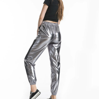 Women's Shiny Trousers Elastic Sports Loose Leisure Casual Long Trousers Sweatpants Jogging Bottoms Stretch Leggings Party