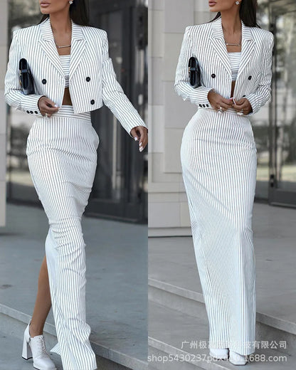 2pcs Women's Clothing Set Stripes Printed Casual Long Sleeve Button Blazer Jacket & High Waist Slim Skirt