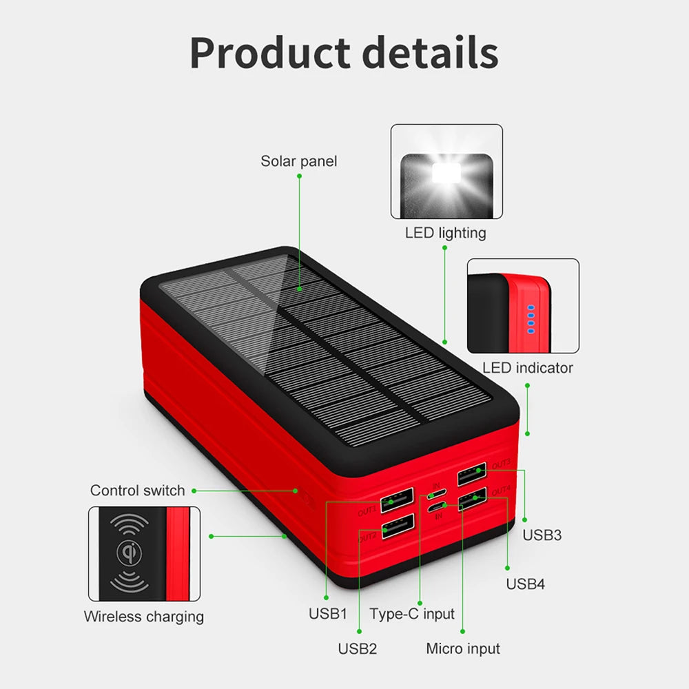 60000mAh Wireless Solar Power Bank Portable Phone Charger 4USB Outdoor Large Capacity External Battery for IPhone Xiaomi Samsung